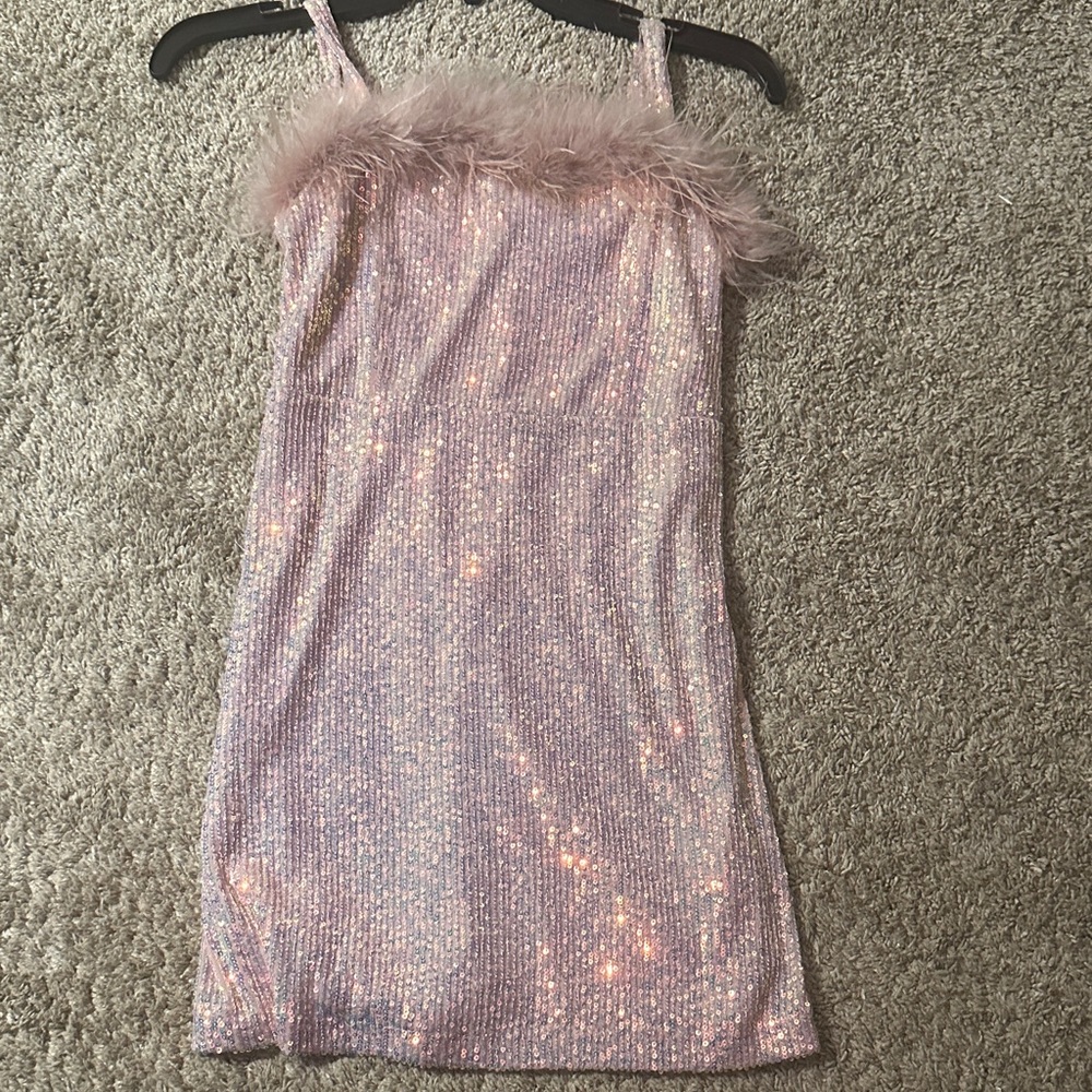 Glittering Pink Formal Kids Dress with Feather Detail from Dillards